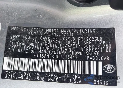 2015 Toyota Camry Se from USA, damaged, VIN 4T1BF1FK6FU015413
